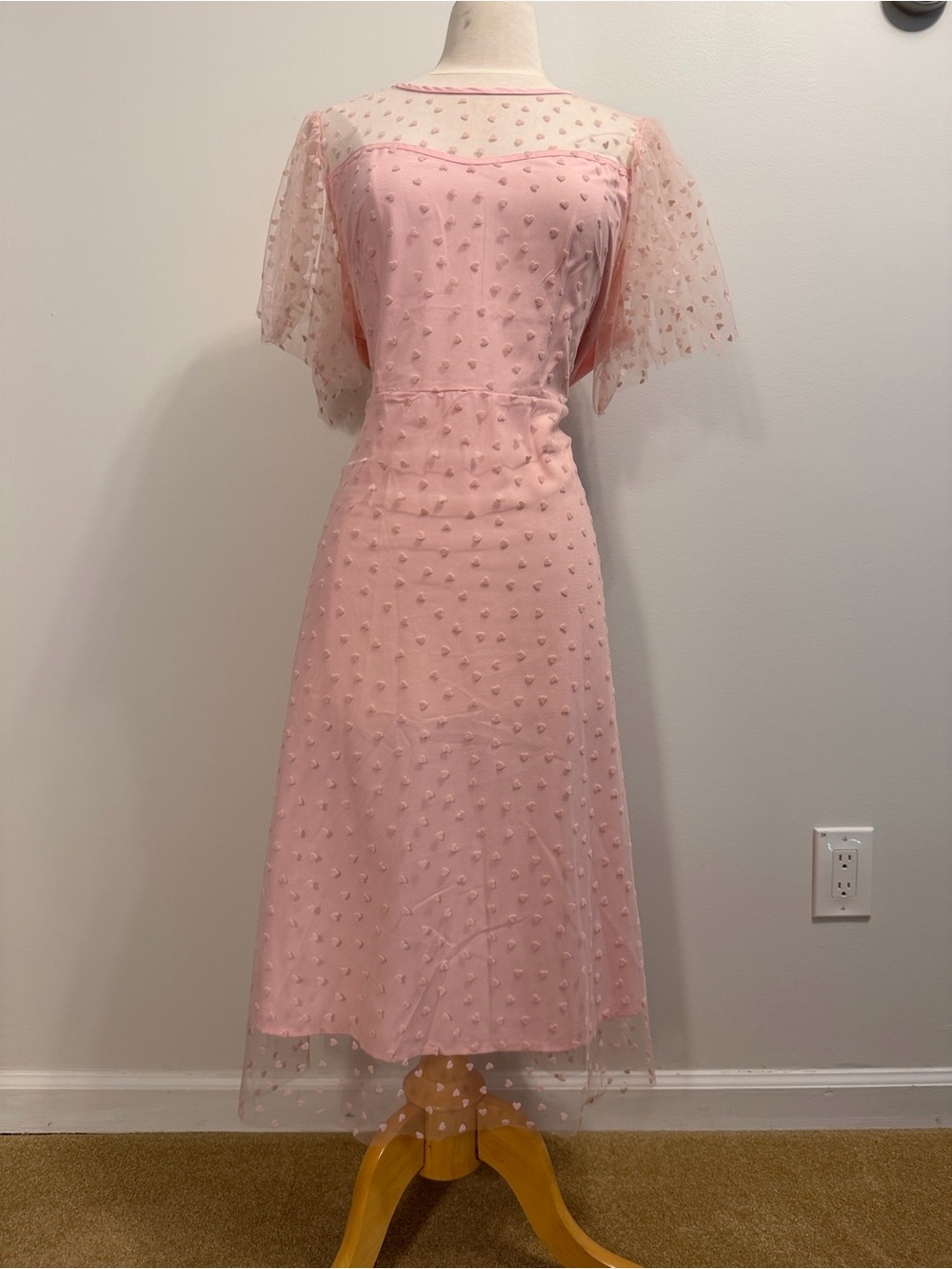 Vintage-Inspired Pink Midi Dress with Dotted Mesh Overlay